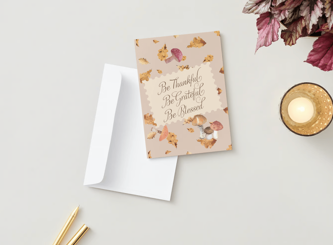 Customizable Warm Autumn Leaves Design Folded Card Portrait | Digital Canva Template. Mock card outside front view