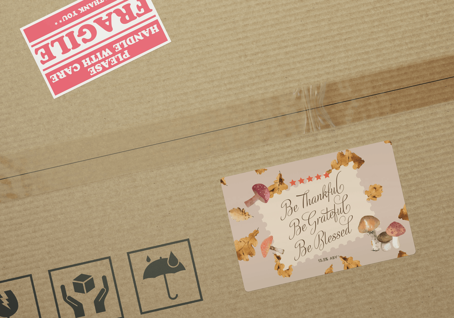 Customizable Warm Autumn Leaves Design Sticker Label 6"x4" | Digital Canva Template. Mock sticker on box
