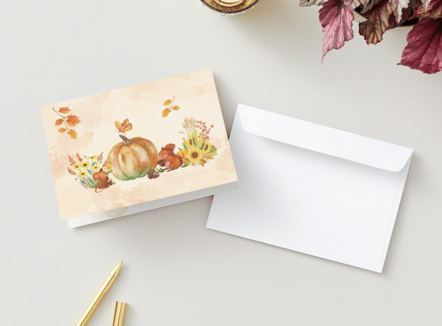 Customizable Warm Gathering at Pumpkin Folded Card Landscape | Digital Canva Template. Mock card outside front view