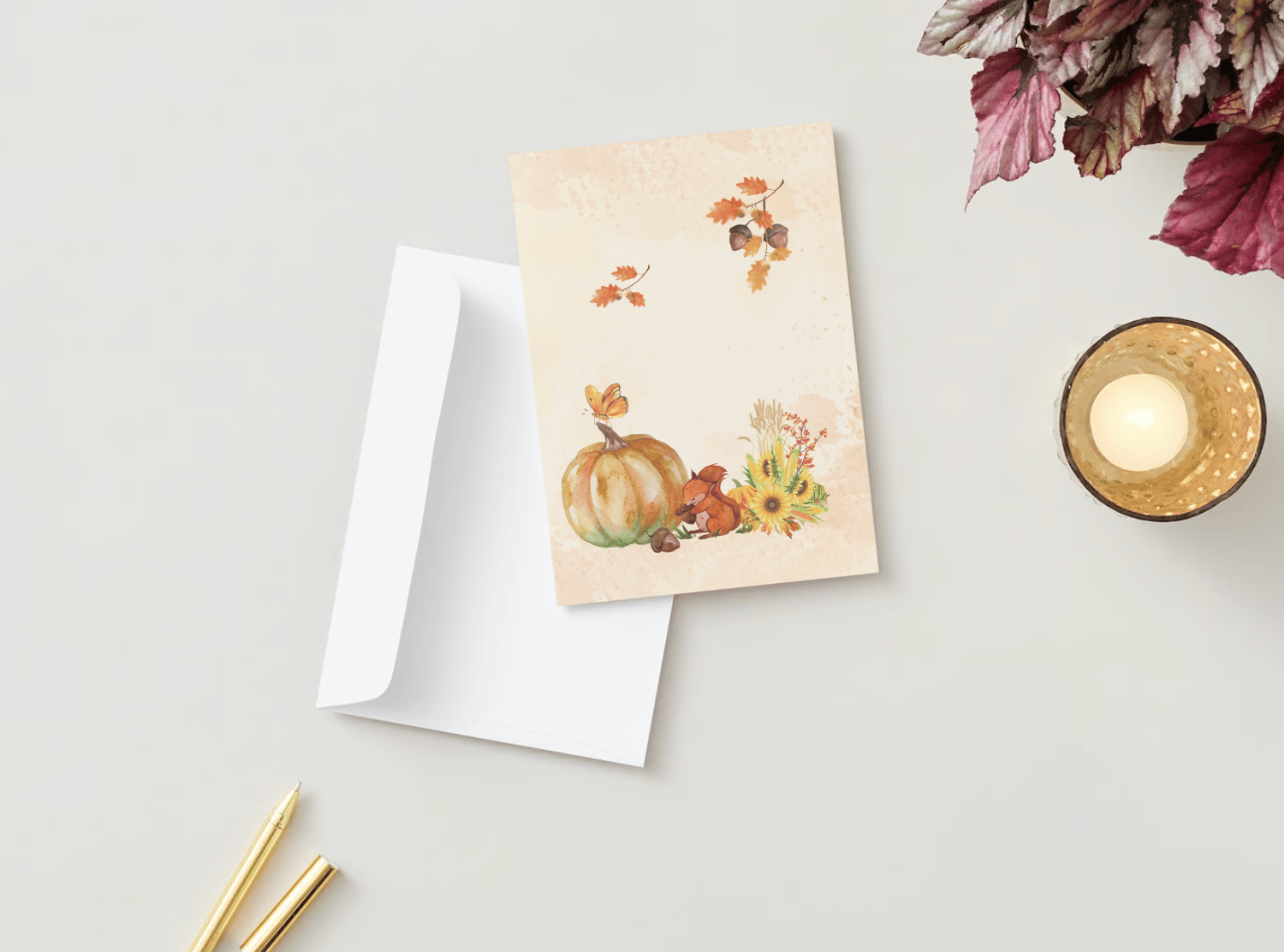 Customizable Warm Gathering at Pumpkin Folded Card Portrait | Digital Canva Template. Mock card outside front view