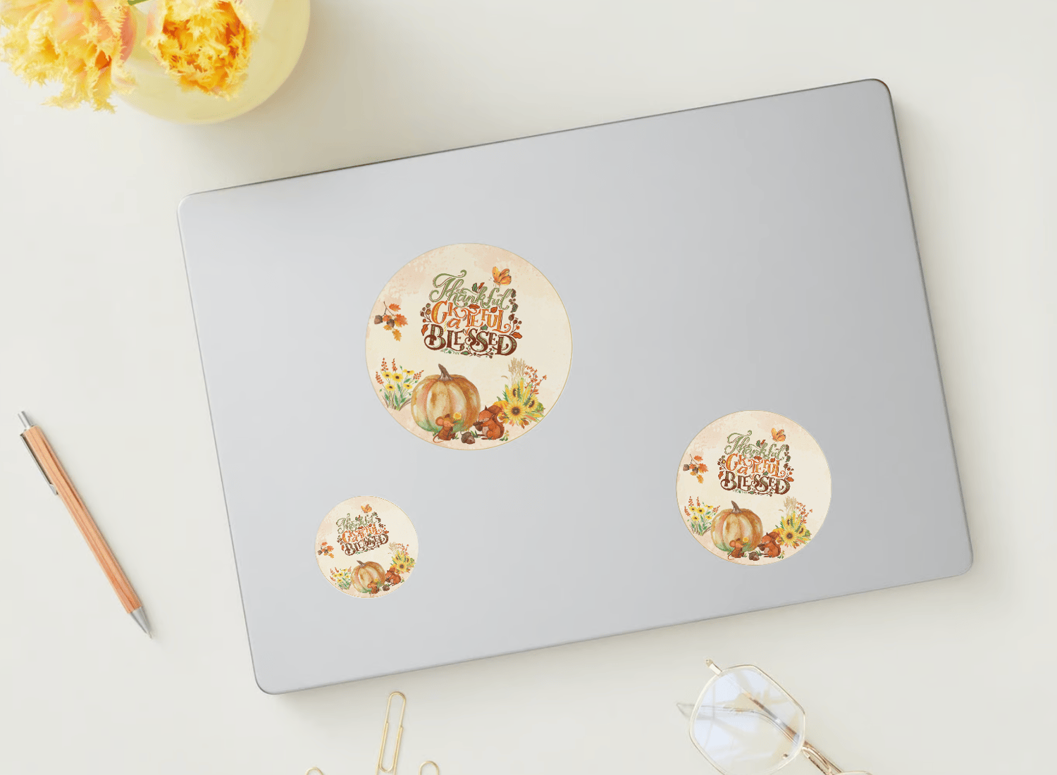 Customizable Warm Gathering at Pumpkin Circle Sticker | Digital Canva Template. Mock stickers on different sizes