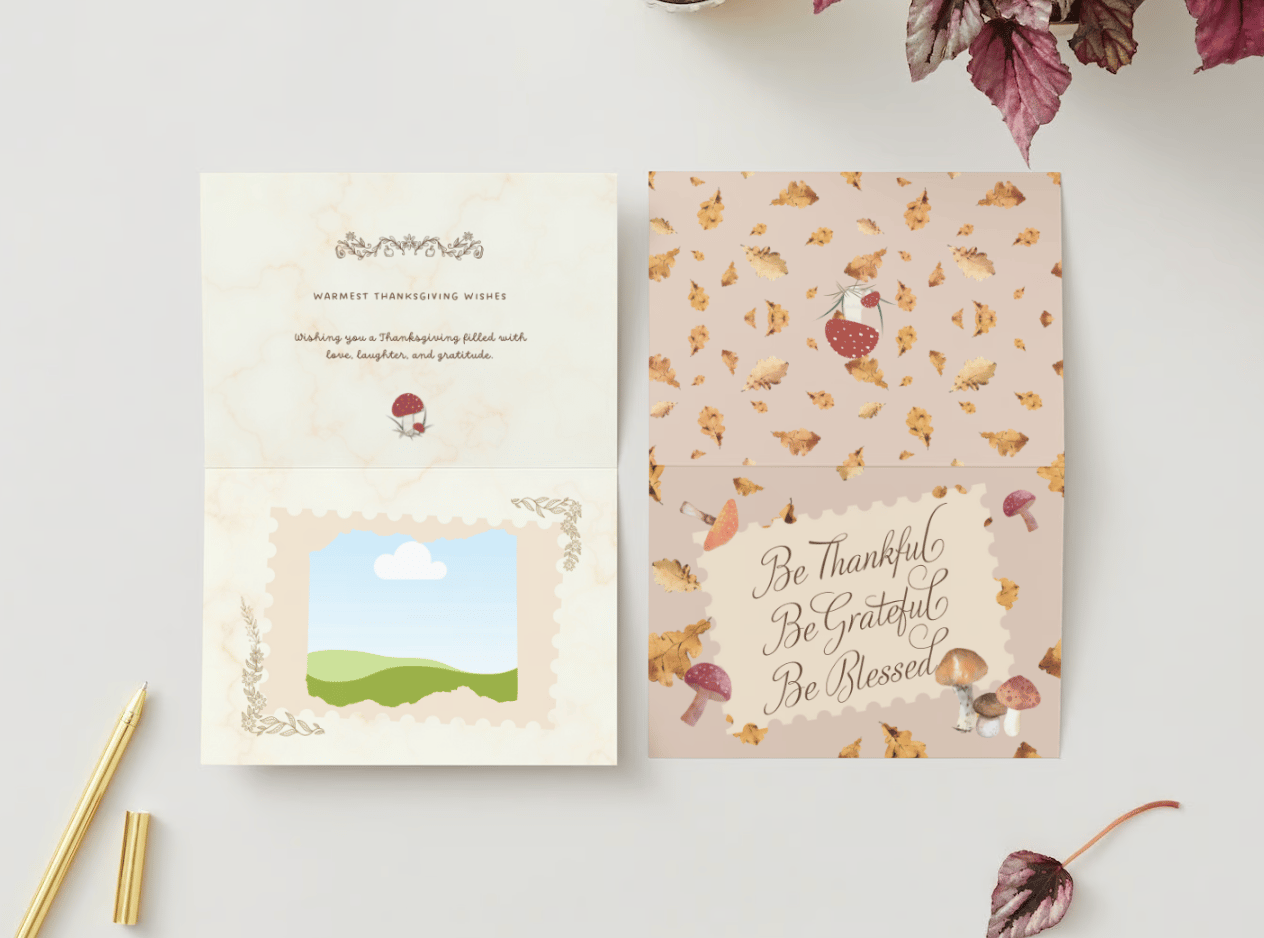 Warm Autumn Leaves Design Canva Template Bundle | 6 Customizable Designs | Holiday Season Digital Download. Mock card landscape outside and inside biew