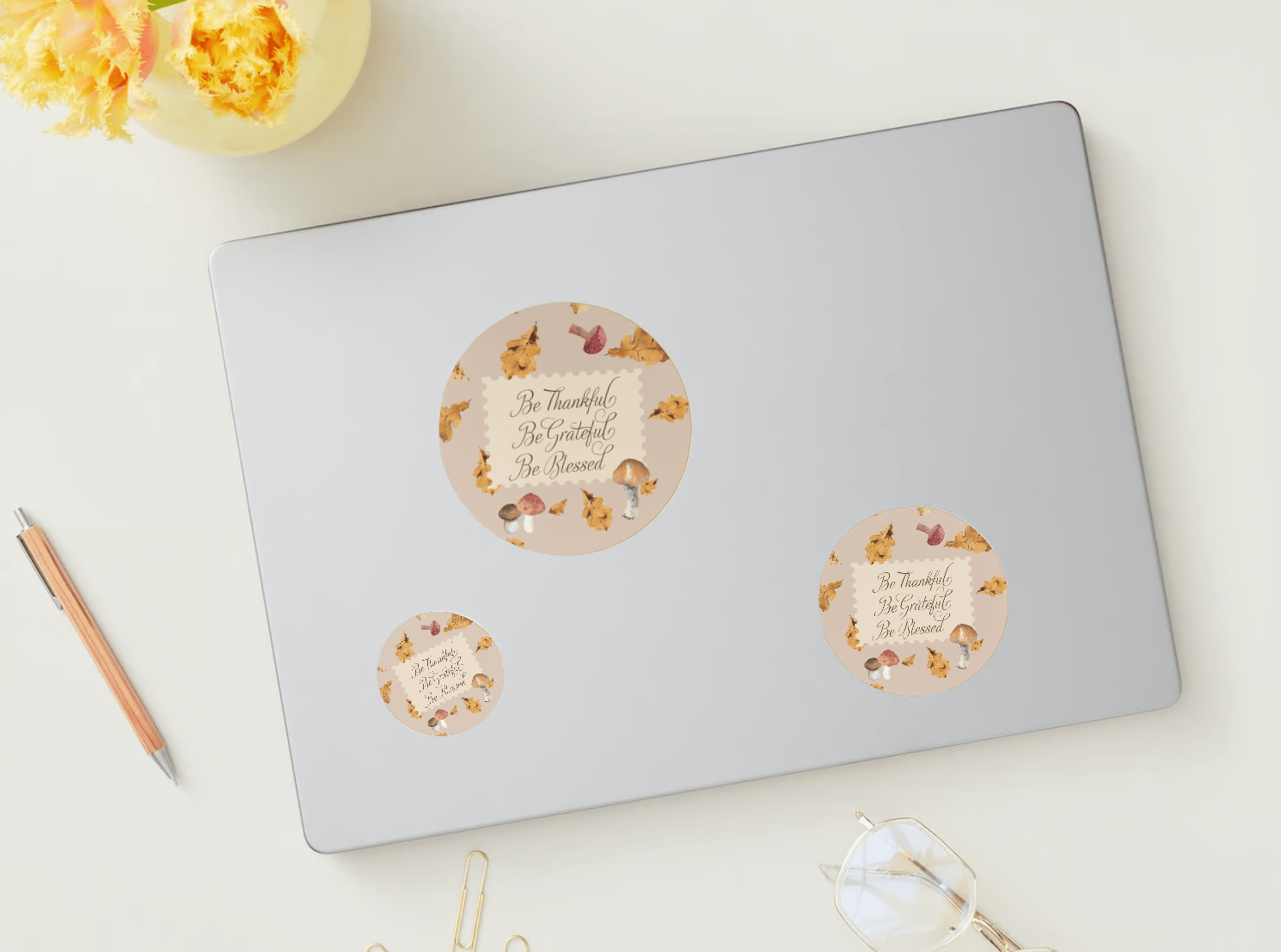Warm Autumn Leaves Design Canva Template Bundle | 6 Customizable Designs | Holiday Season Digital Download. Mock stickers on laptop