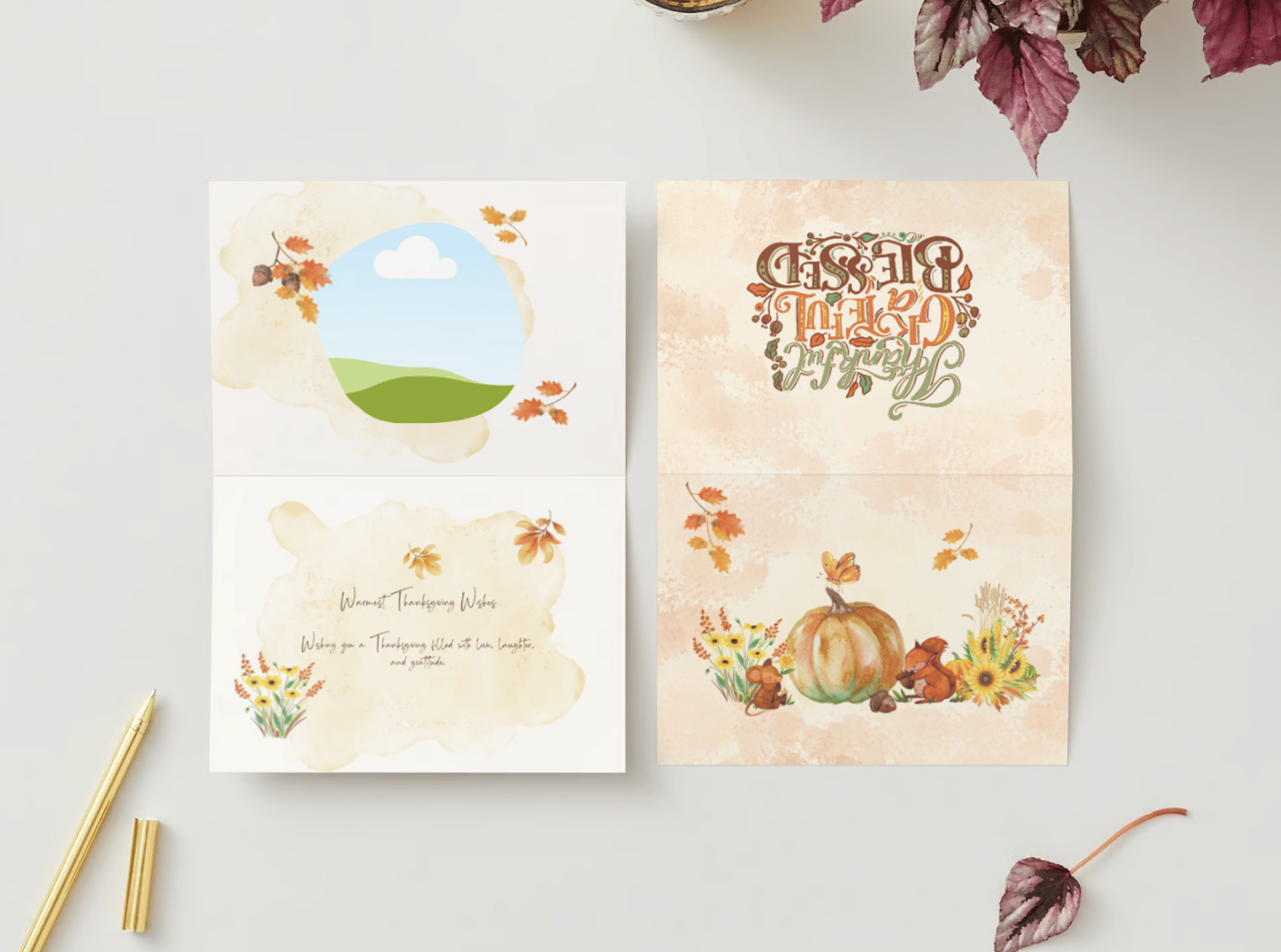 Warm Gathering at Pumpkin Canva Template Bundle | 6 Customizable Designs | Holiday Season Digital Download. Mock card landscape outside and inside views
