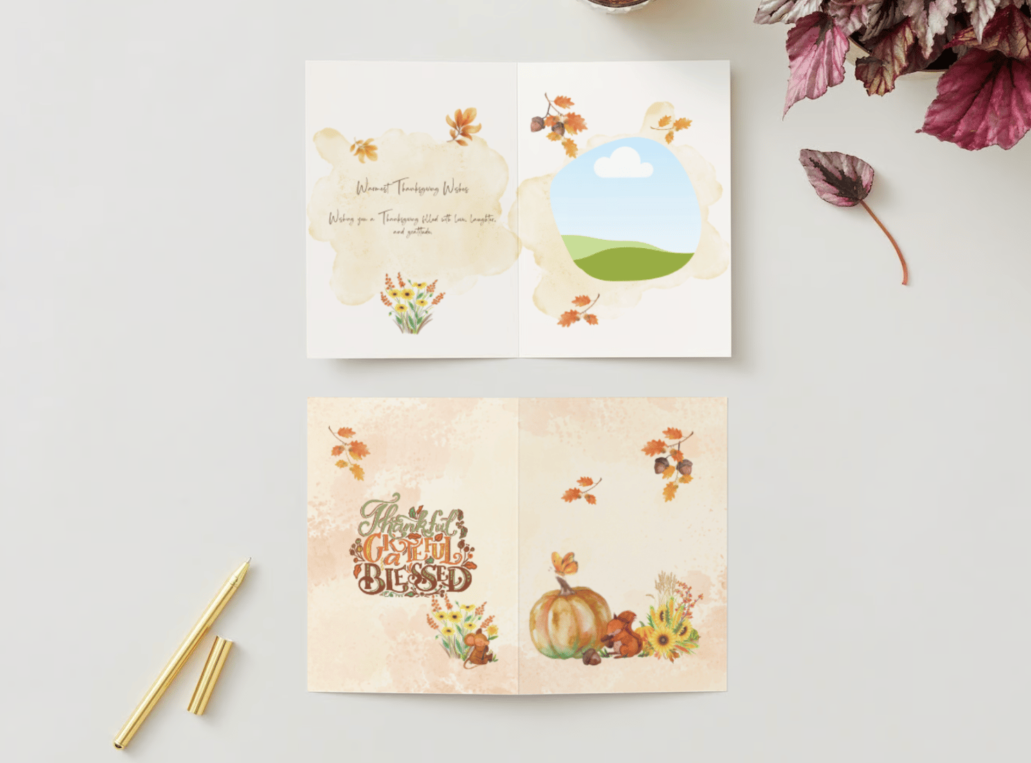 Warm Gathering at Pumpkin Canva Template Bundle | 6 Customizable Designs | Holiday Season Digital Download. Mock card portrait outside and inside views
