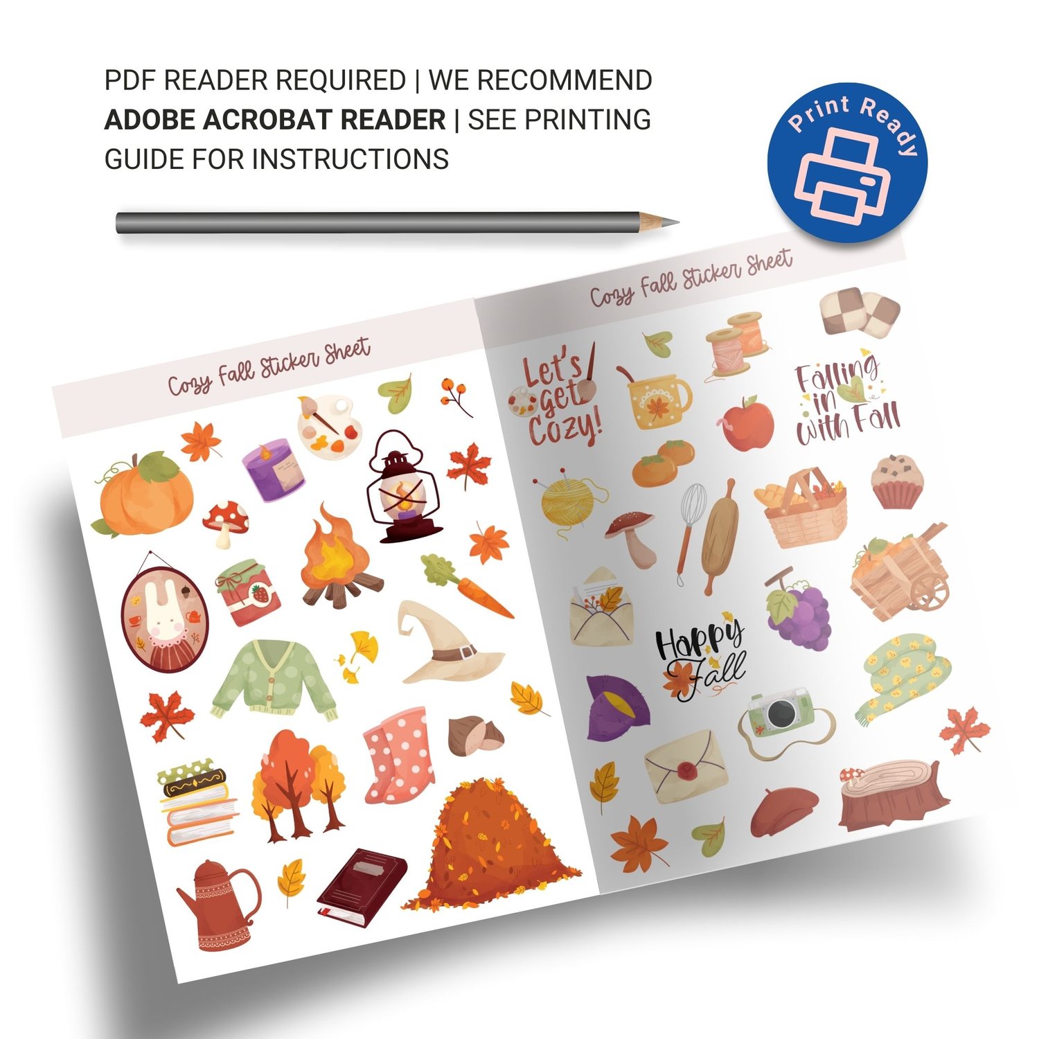 50+ Cozy Fall Stickers | Instant Download PDF | Autumn Planner Decorations