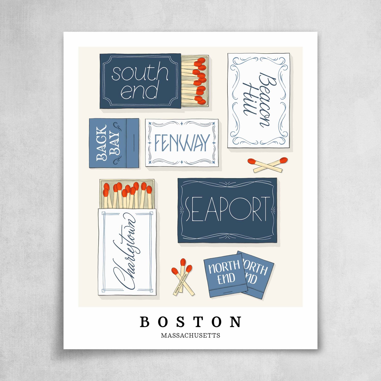 A collection of blue and white matchbooks featuring 7 neighborhoods in Boston, Massachusetts