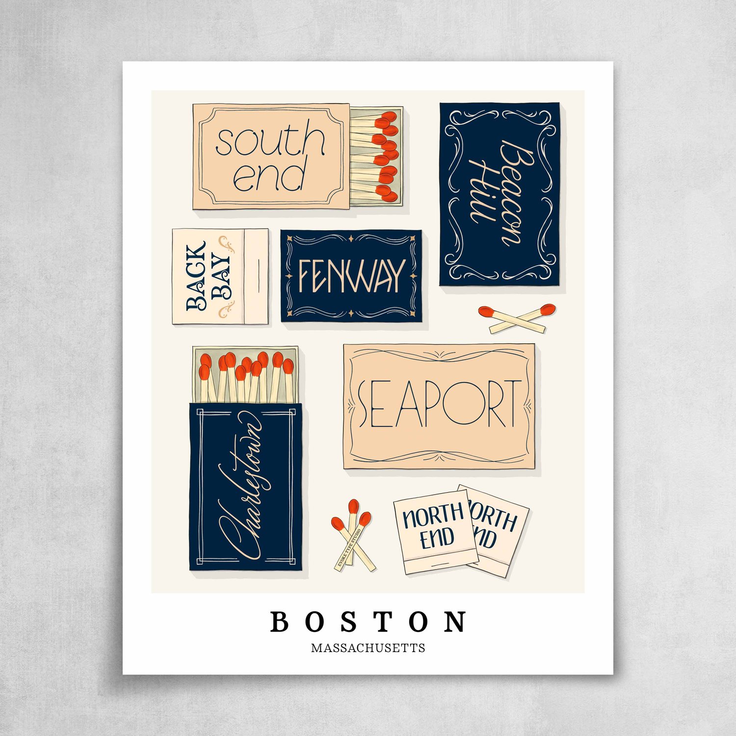 A collection of navy blue, beige and tan matchbooks featuring 7 neighborhoods in Boston, Massachusetts