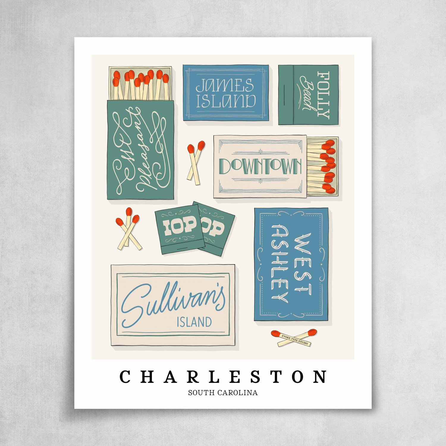 A collection of blue, green and light beige matchbooks featuring 7 neighborhoods in Charleston, South Carolina