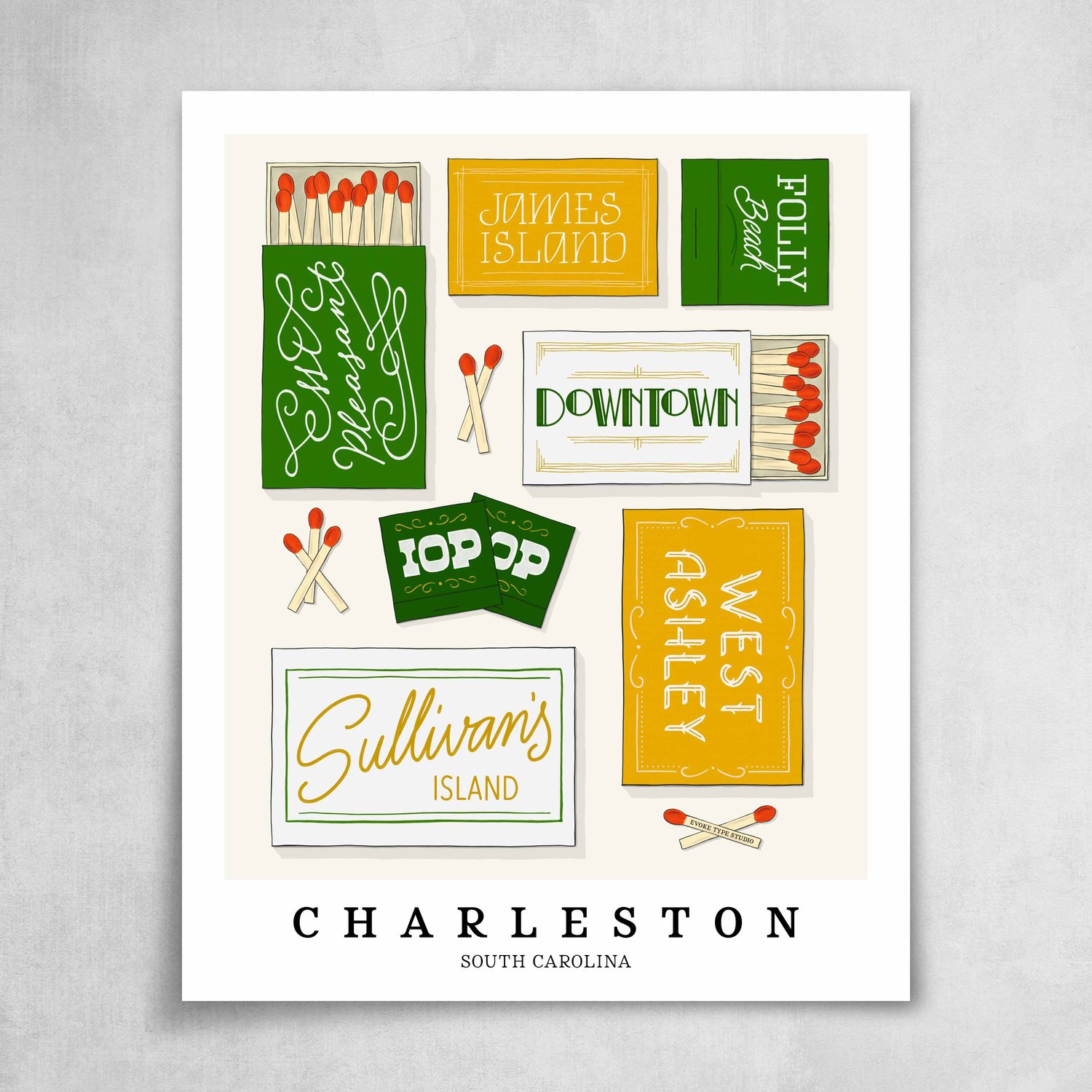 A collection of green, yellow and white matchbooks featuring 7 neighborhoods in Charleston, South Carolina