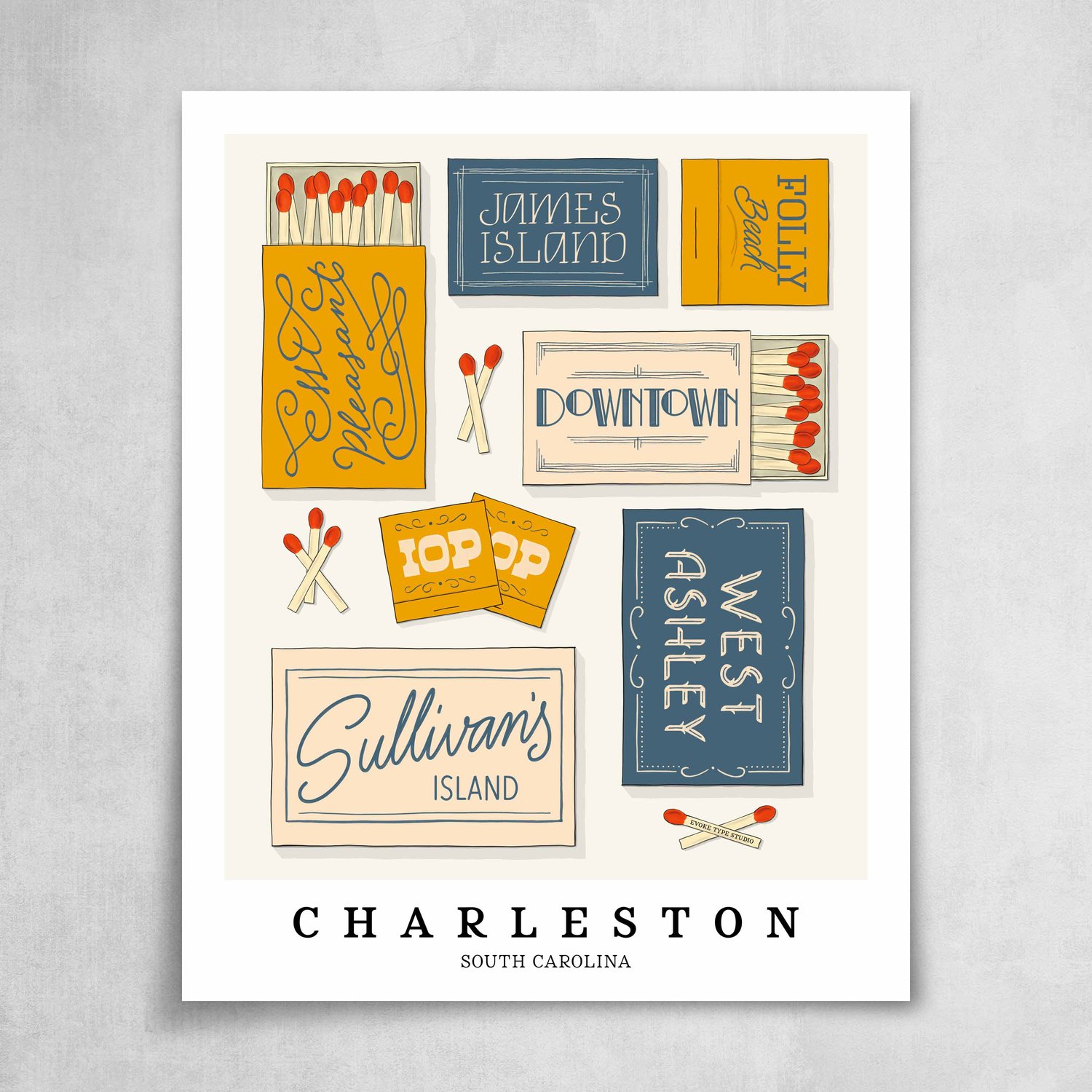 A collection of blue and yellow matchbooks featuring 7 neighborhoods in Charleston, South Carolina