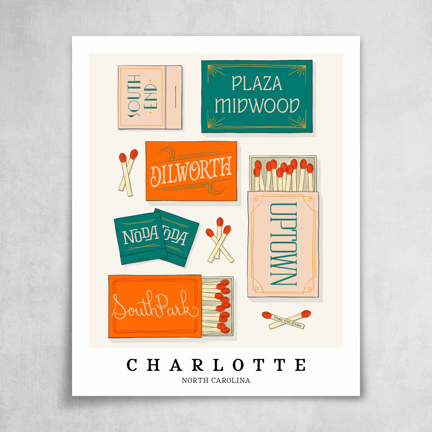 A collection of blue and orange matchbooks featuring 6 neighborhoods in Charlotte, North Carolina