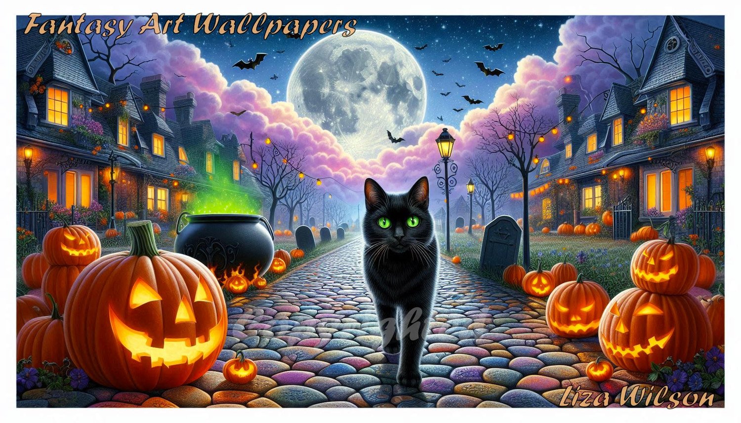 whimsical cats, halloween cats, black cats, haunted houses, bats, cauldrons