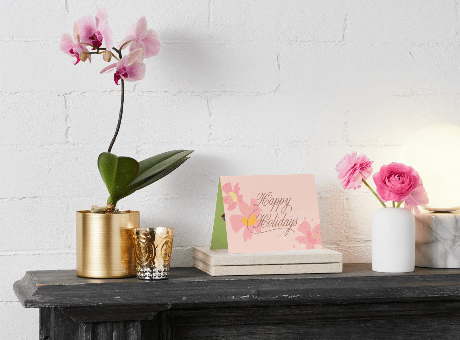 Customizable Nostalgic Asian Sweets Holiday Folded Card Landscape | Digital Canva Template. Mock card outside front view as display