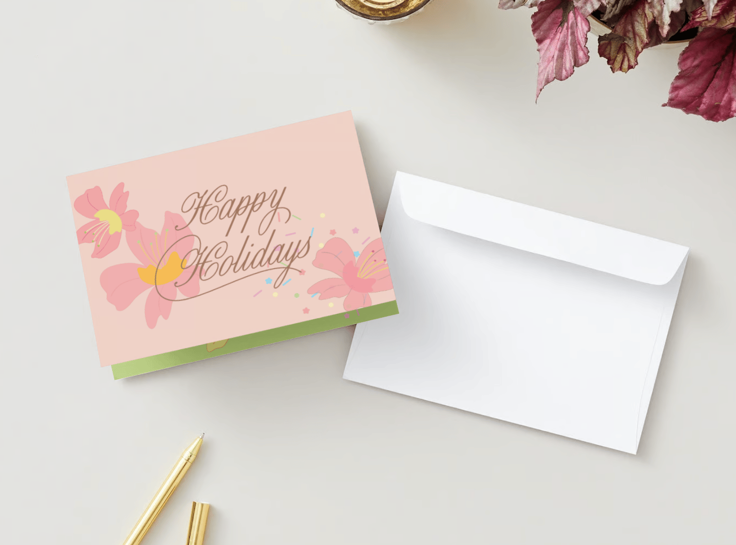 Customizable Nostalgic Asian Sweets Holiday Folded Card Landscape | Digital Canva Template. Mock card outside front view with envenlope