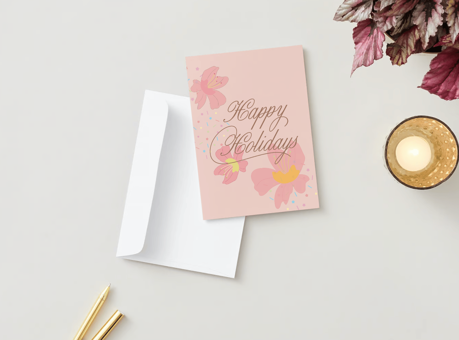 Customizable Nostalgic Asian Sweets Holiday Folded Card Portrait | Digital Canva Template. Mock card outside front view with envelope