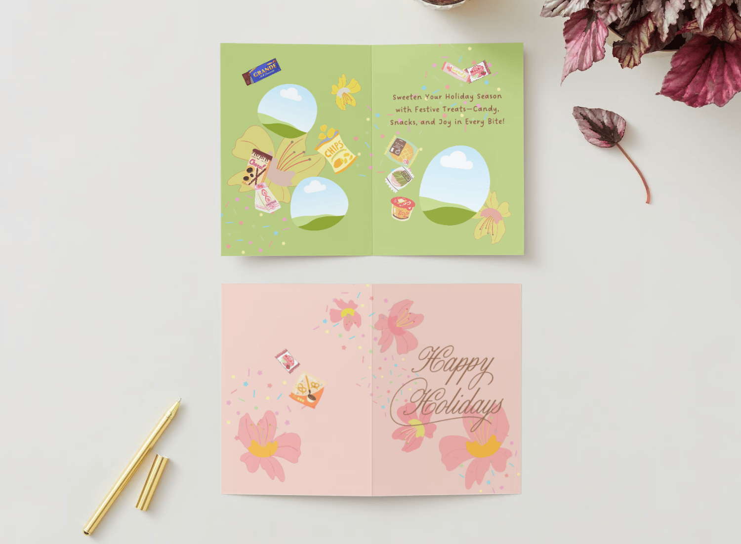 Customizable Nostalgic Asian Sweets Holiday Folded Card Portrait | Digital Canva Template. Mock card outside and inside views