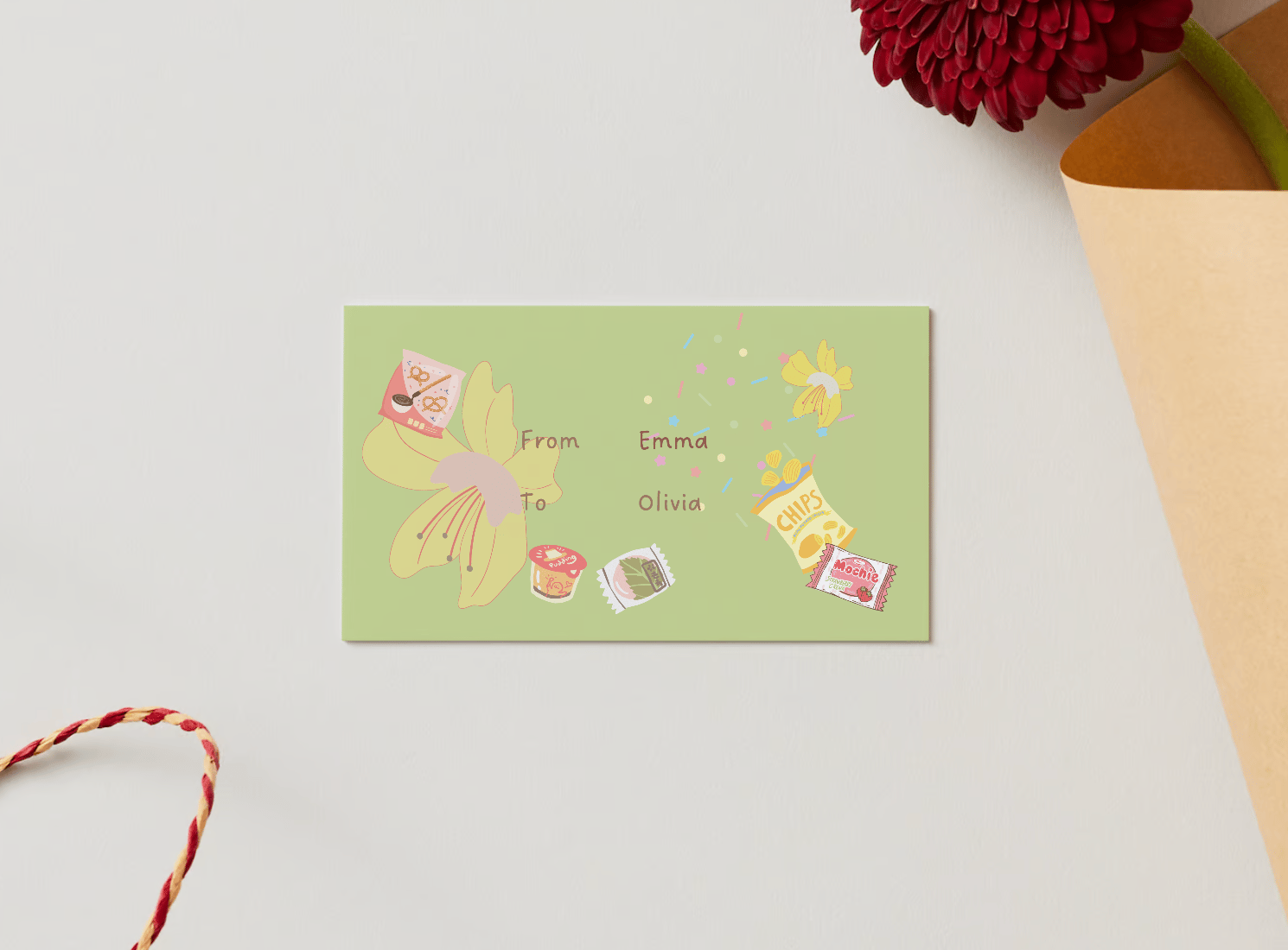 Customizable Nostalgic Asian Sweets Holiday Gift/Favor Tag| Digital Canva Template. Mock card back view