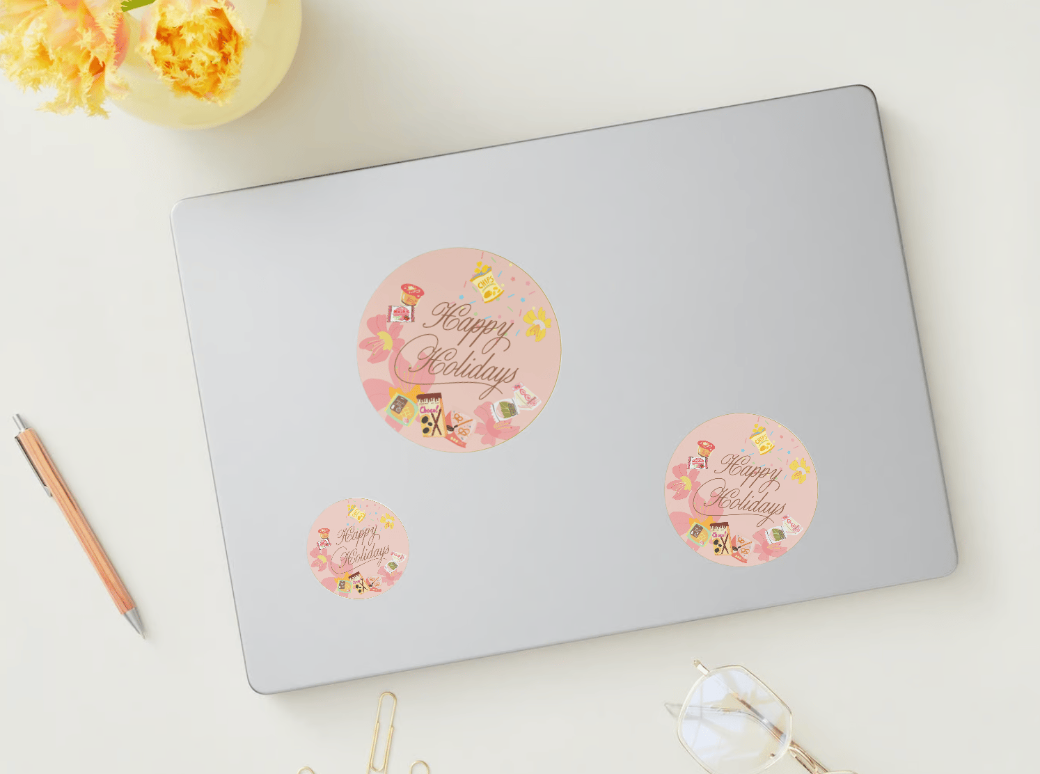 Customizable Nostalgic Asian Sweets Holiday Circle Sticker | Digital Canva Template. Mock circle stickers in various sizes