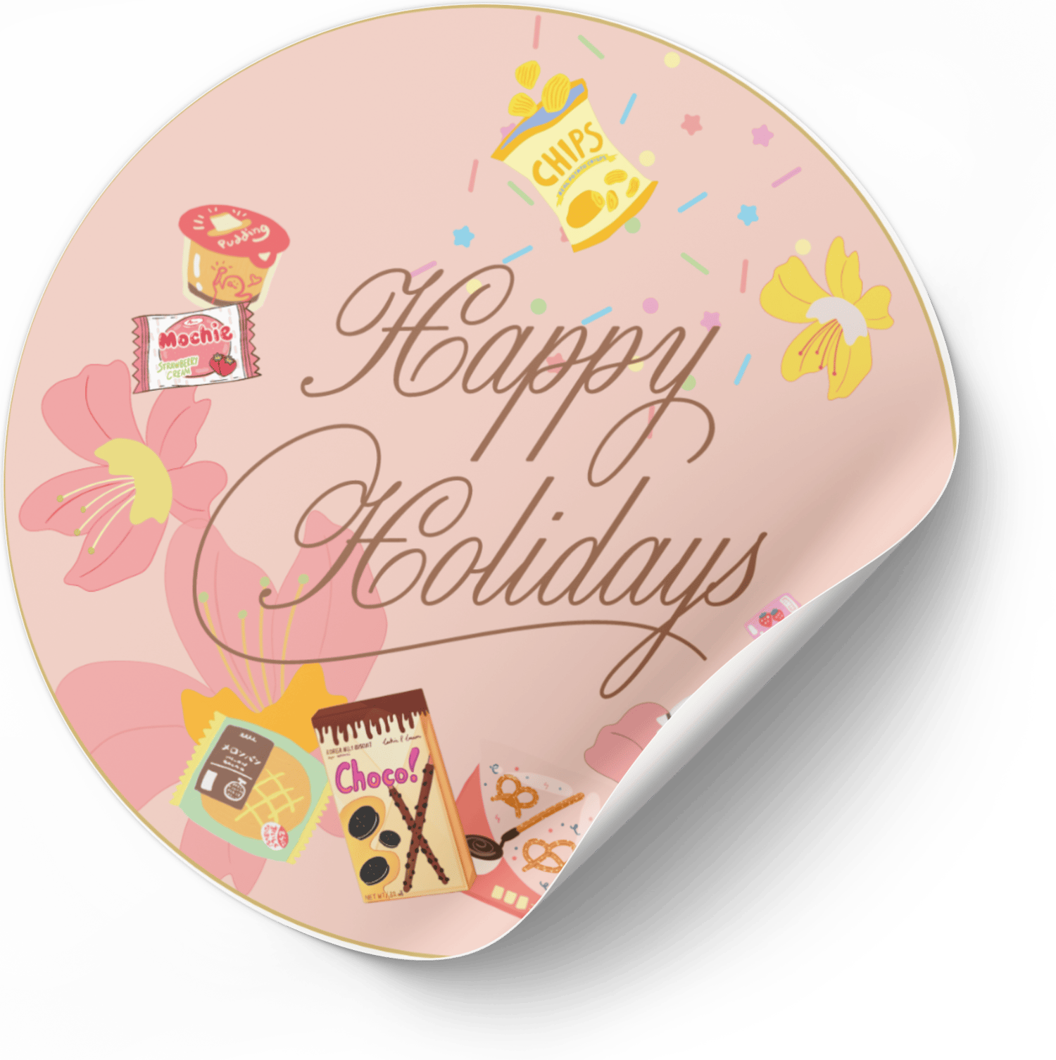 Customizable Nostalgic Asian Sweets Holiday Circle Sticker | Digital Canva Template. Mock circle sticker