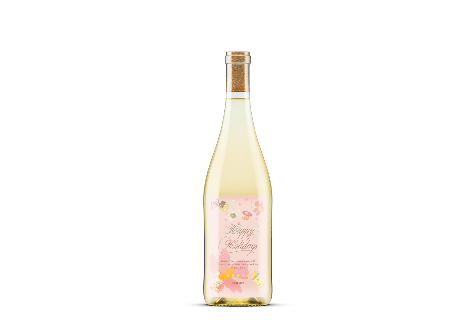 Customizable Nostalgic Asian Sweets Holiday Sticker Label 4"x6" | Digital Canva Template. Mock sticker on a white wine bottle