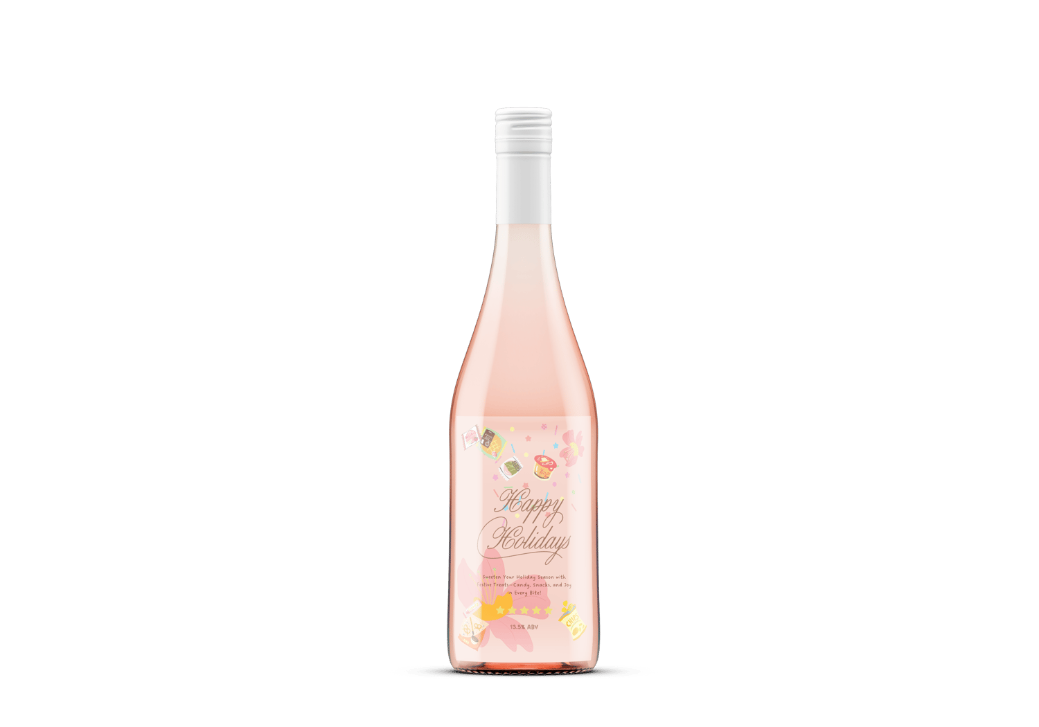 Customizable Nostalgic Asian Sweets Holiday Sticker Label 4"x6" | Digital Canva Template. Mock sticker on a rose wine bottle