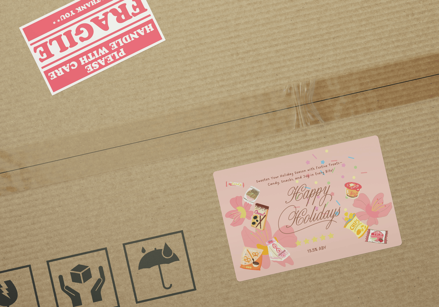 Customizable Nostalgic Asian Sweets Holiday Sticker Label 6"x4" | Digital Canva Template. Mock sticker on a box