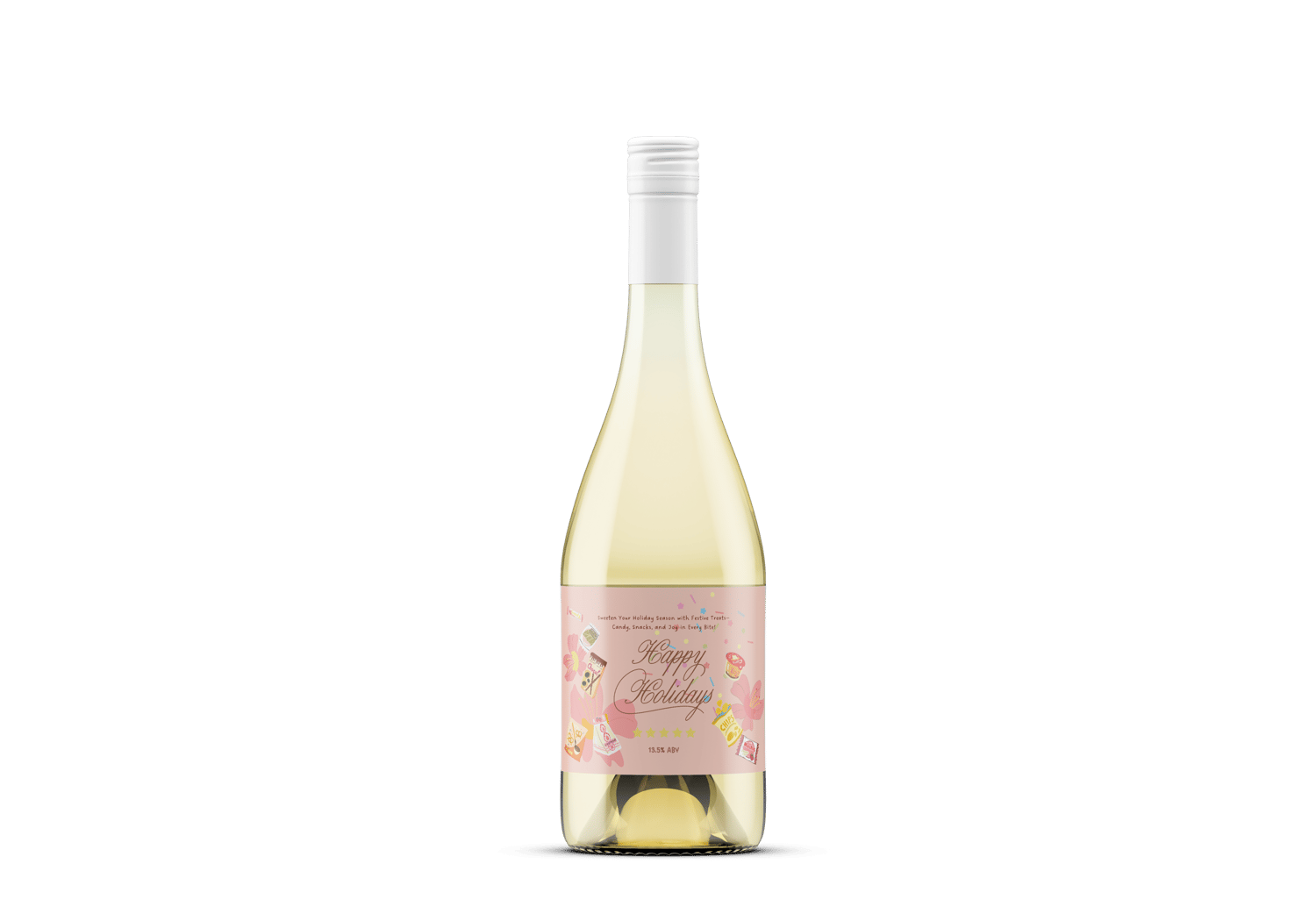 Customizable Nostalgic Asian Sweets Holiday Sticker Label 6"x4" | Digital Canva Template. Mock sticker on white wine bottle