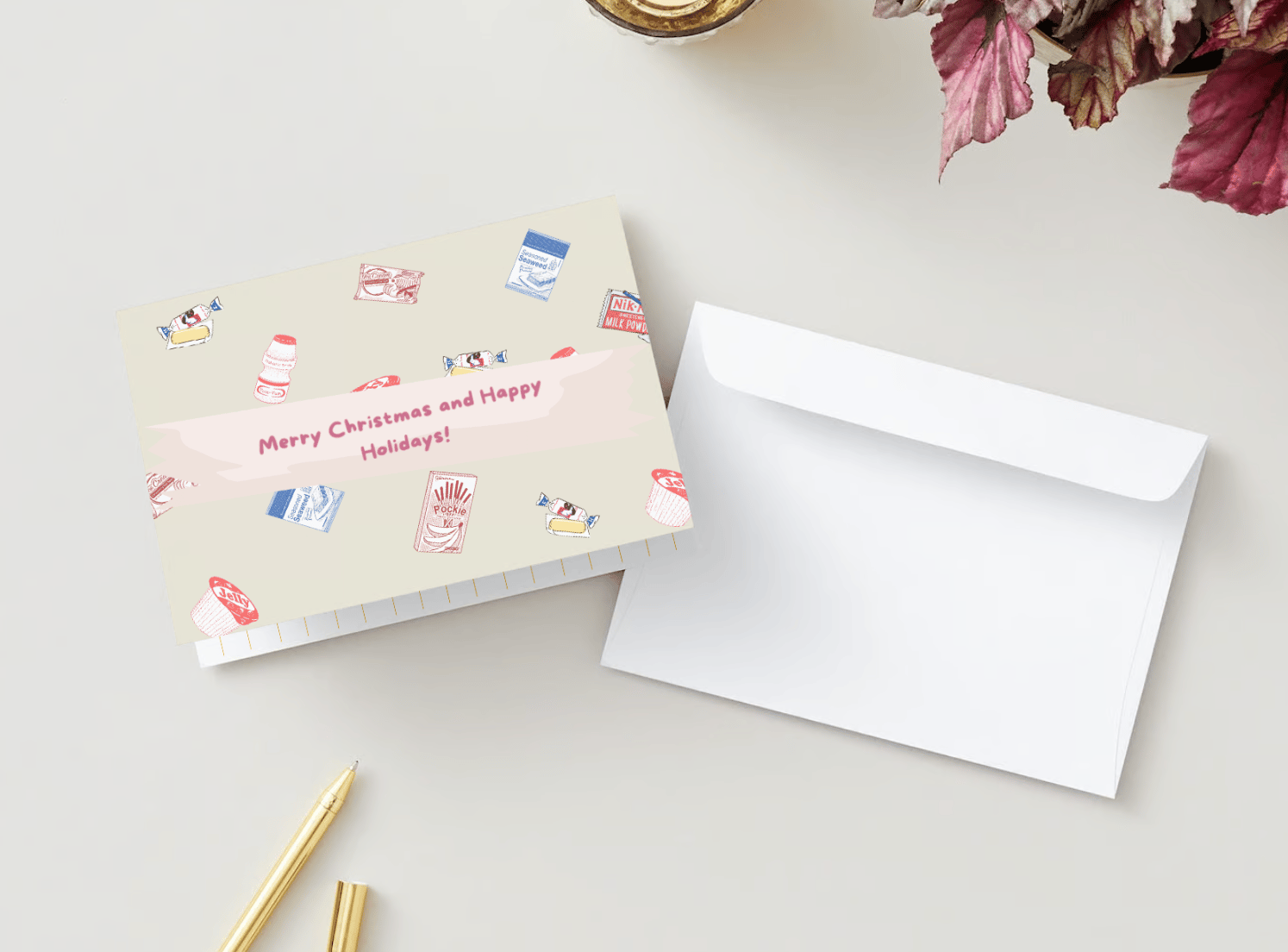 Customizable Nostalgic Line Art Asian Sweets Holiday Folded Card Landscape | Digital Canva Template. Mock card with envelope