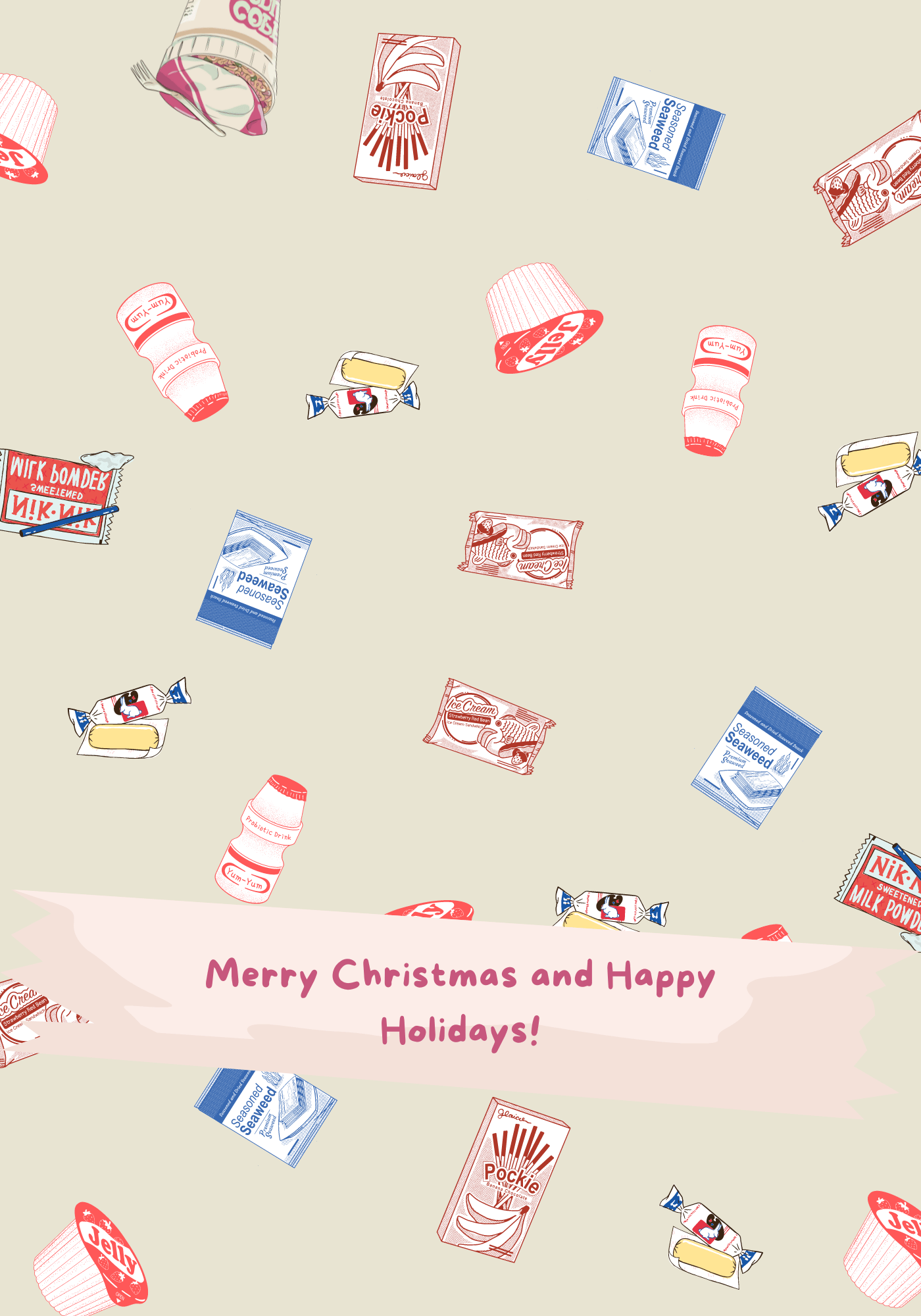 Customizable Nostalgic Line Art Asian Sweets Holiday Folded Card Landscape | Digital Canva Template. Outside design