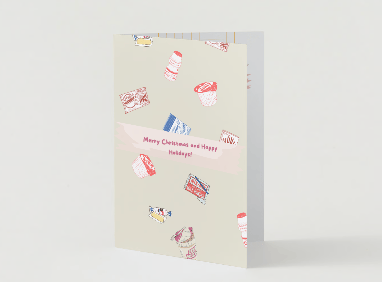 Customizable Nostalgic Line Art Asian Sweets Folded Card Portrait | Digital Canva Template. Mock card outside front view