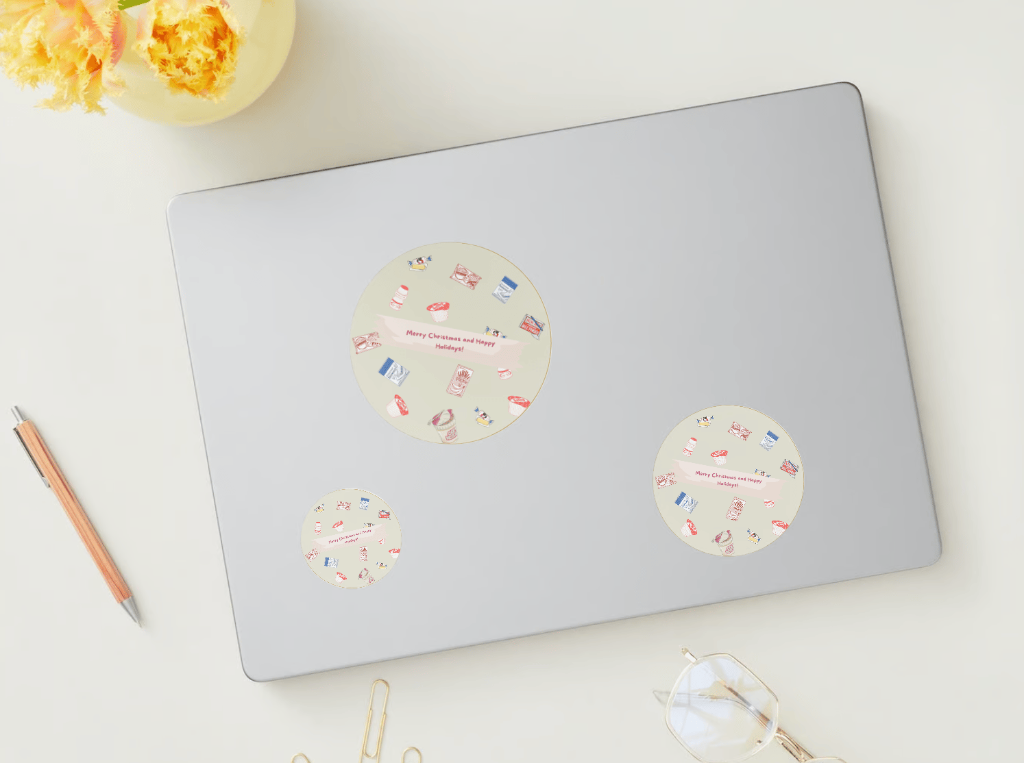 Customizable Nostalgic Line Art Asian Sweets Circle Sticker | Digital Canva Template. Mock stickers in various sizes