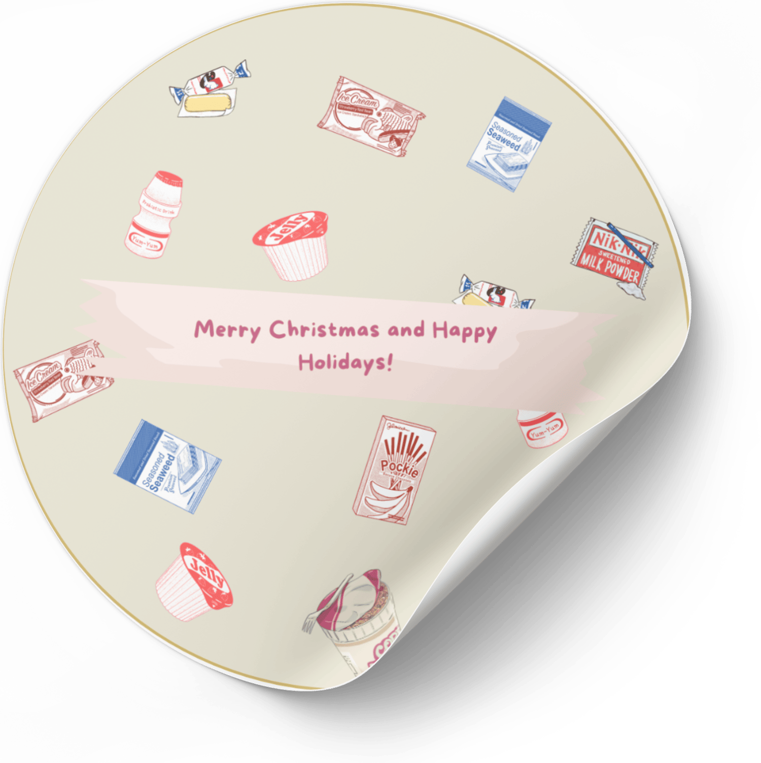 Customizable Nostalgic Line Art Asian Sweets Circle Sticker | Digital Canva Template. Mock circle sticker