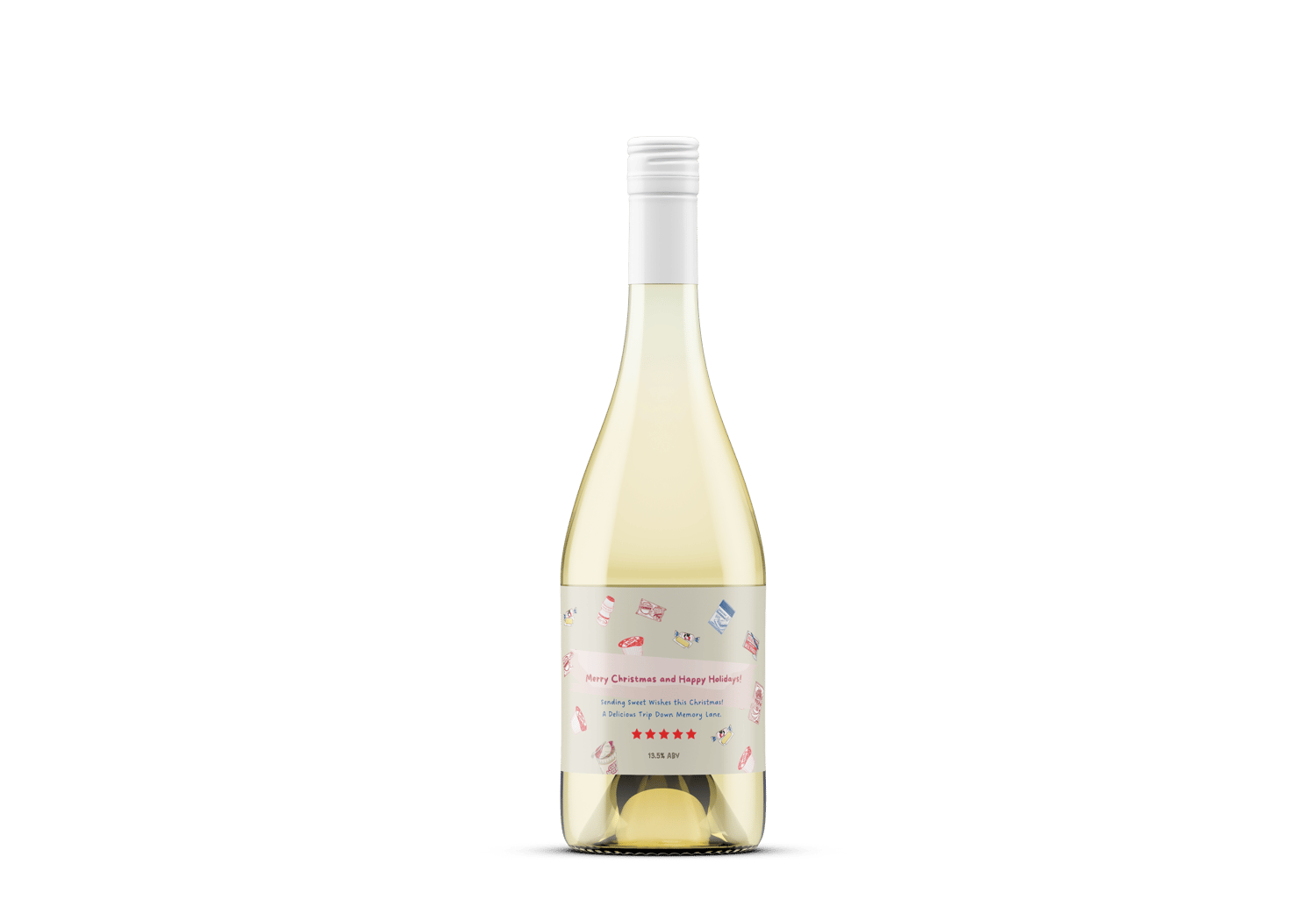 Customizable Nostalgic Line Art Asian Sweets Sticker Label 6"x4" | Digital Canva Template. Mock sticker on white wine bottle