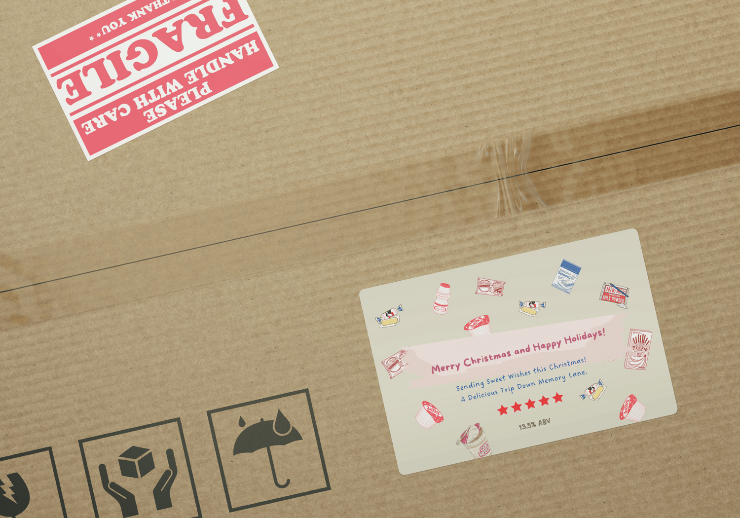 Customizable Nostalgic Line Art Asian Sweets Sticker Label 6"x4" | Digital Canva Template. Mock sticker on box