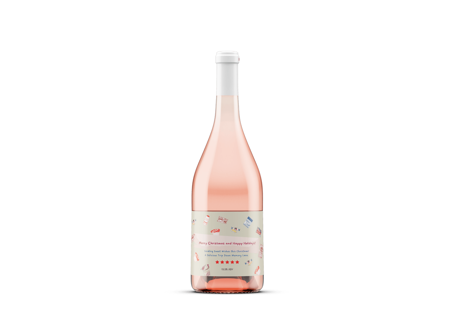 Customizable Nostalgic Line Art Asian Sweets Sticker Label 6"x4" | Digital Canva Template. Mock sticker on rose wine bottle