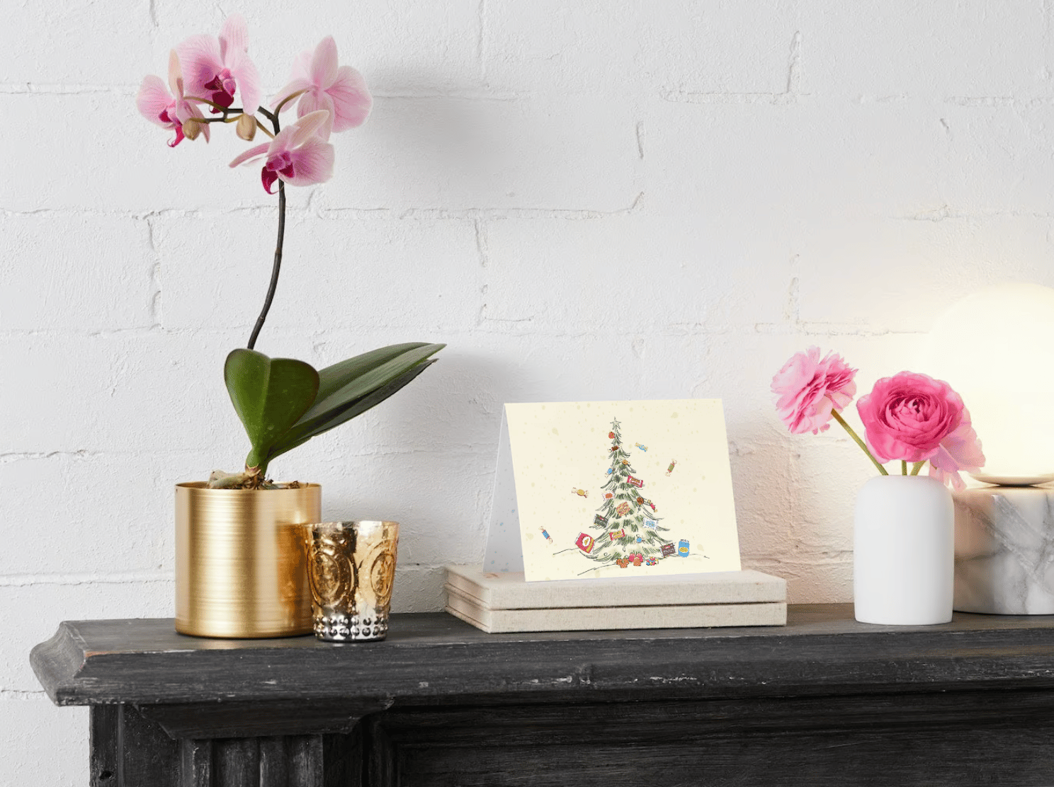 Customizable Nostalgic Christmas Tree with Sweets Folded Card Landscape | Digital Canva Template. Mock card outside front view