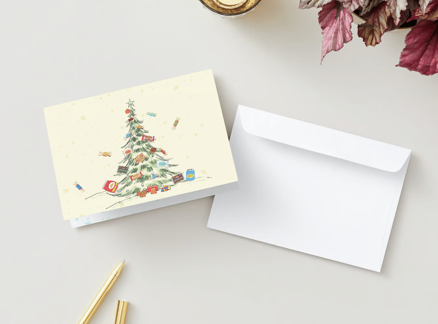 Customizable Nostalgic Christmas Tree with Sweets Folded Card Landscape | Digital Canva Template. Mock card with envelope