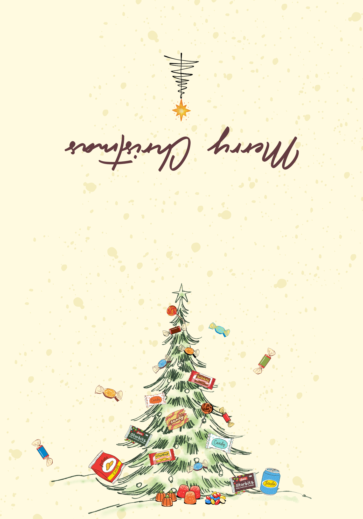 Customizable Nostalgic Christmas Tree with Sweets Folded Card Landscape | Digital Canva Template. Outside design