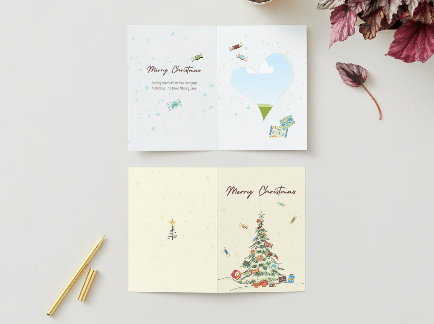 Customizable Nostalgic Christmas Tree with Sweets Folded Card Portrait | Digital Canva Template. Mock card outside and inside views