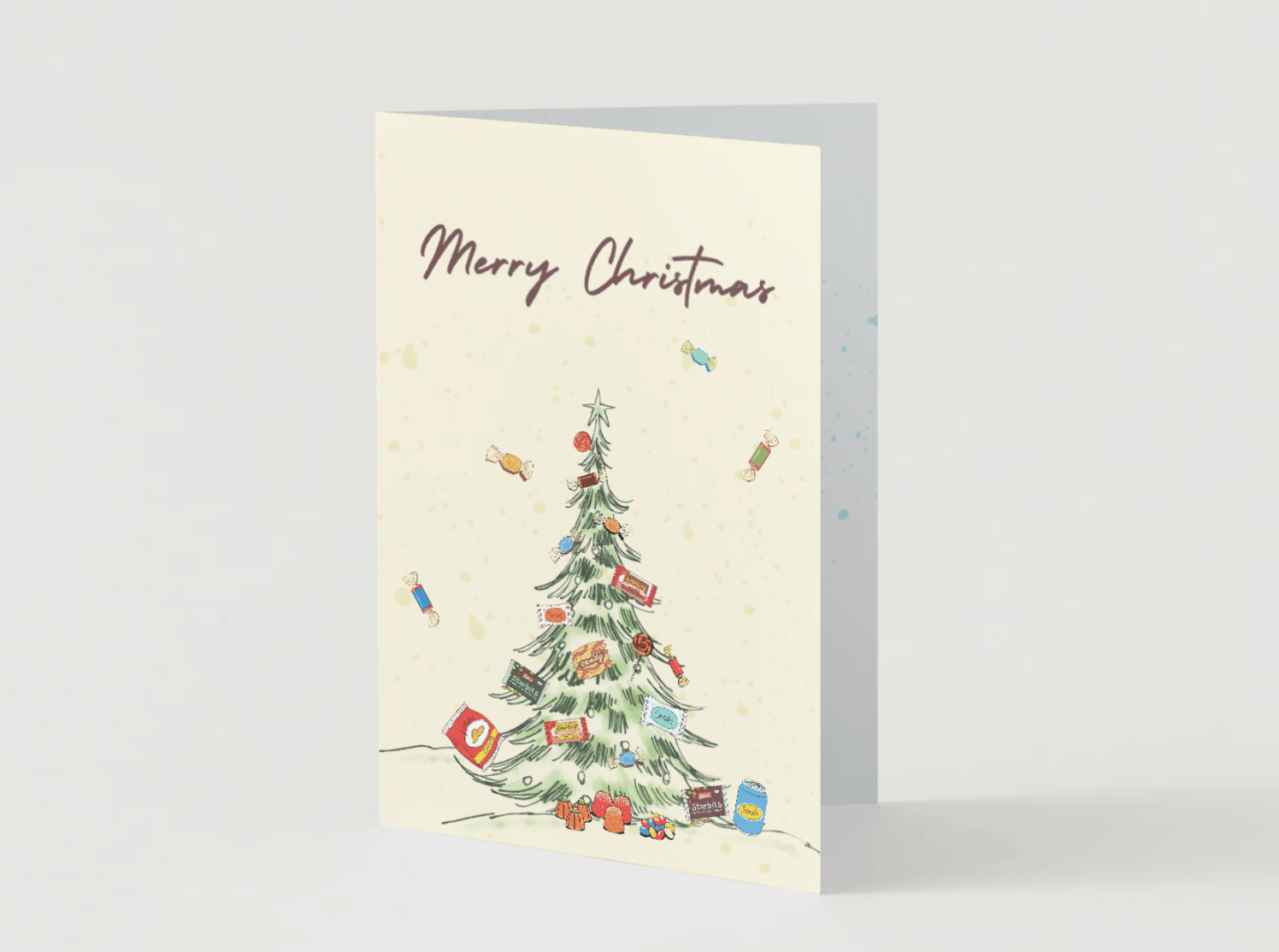 Customizable Nostalgic Christmas Tree with Sweets Folded Card Portrait | Digital Canva Template. Mock card outside front view