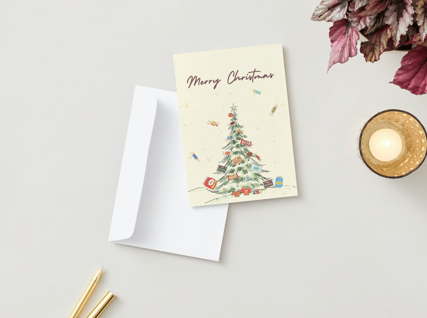 Customizable Nostalgic Christmas Tree with Sweets Folded Card Portrait | Digital Canva Template. Mock card with envelope