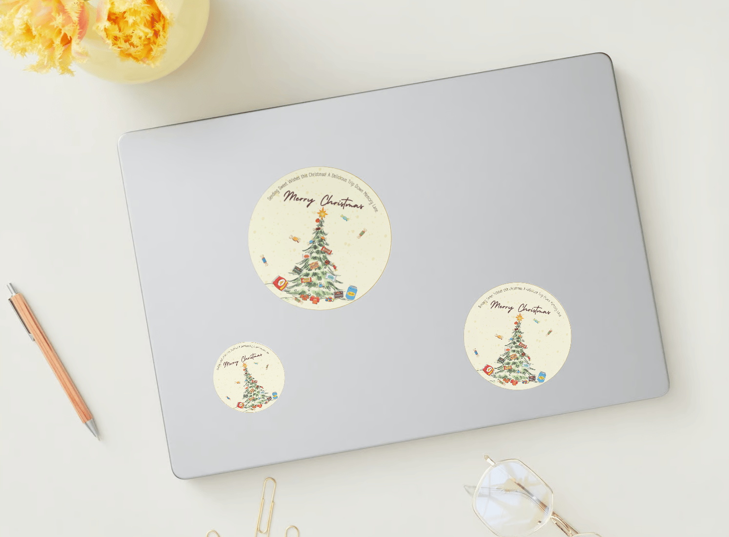 Customizable Nostalgic Christmas Tree with Sweets Circle Sticker | Digital Canva Template. Mock stickers in various sizes