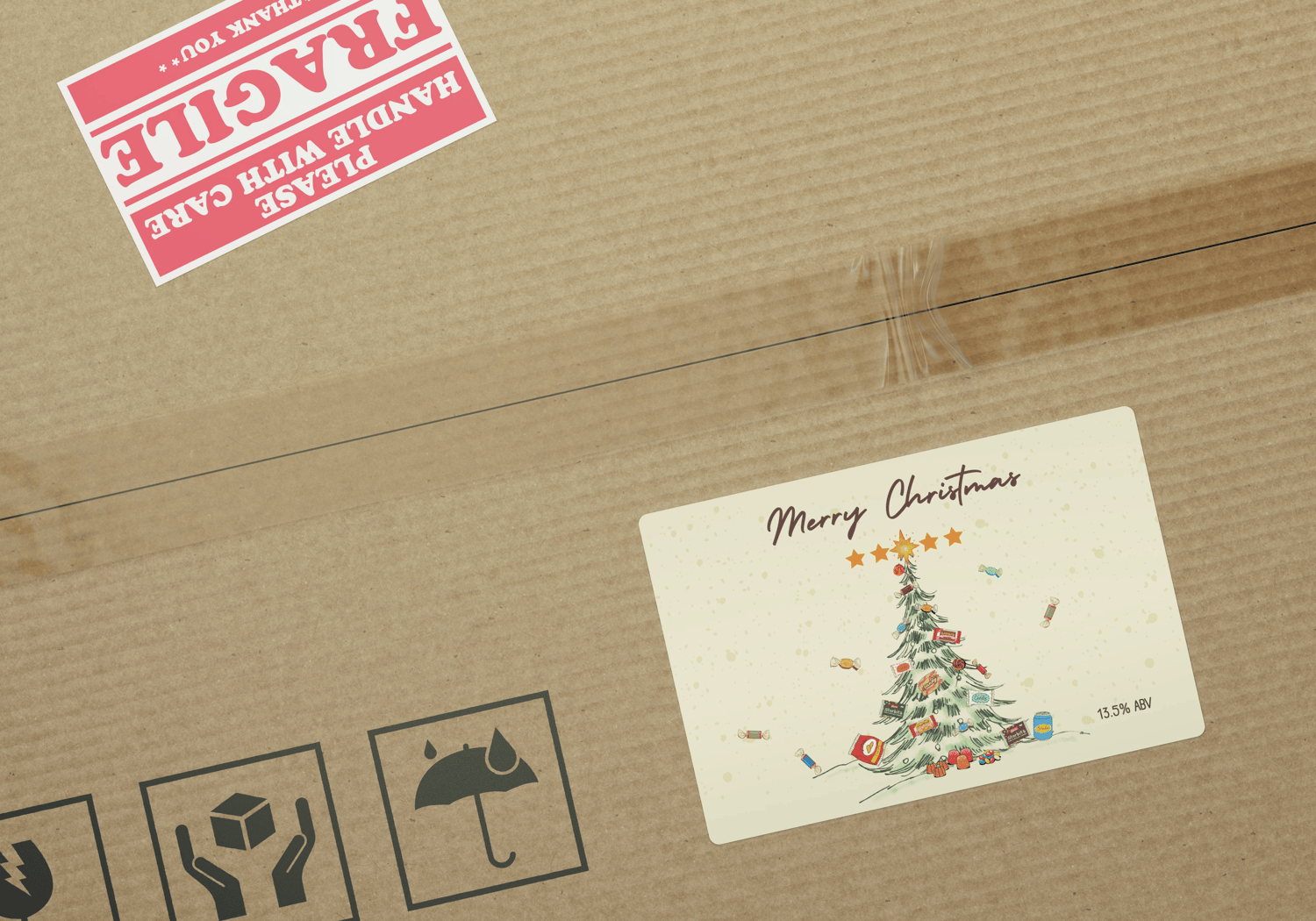 Customizable Nostalgic Christmas Tree with Sweets Sticker Label 6"x4" | Digital Canva Template. Mock sticker label on box