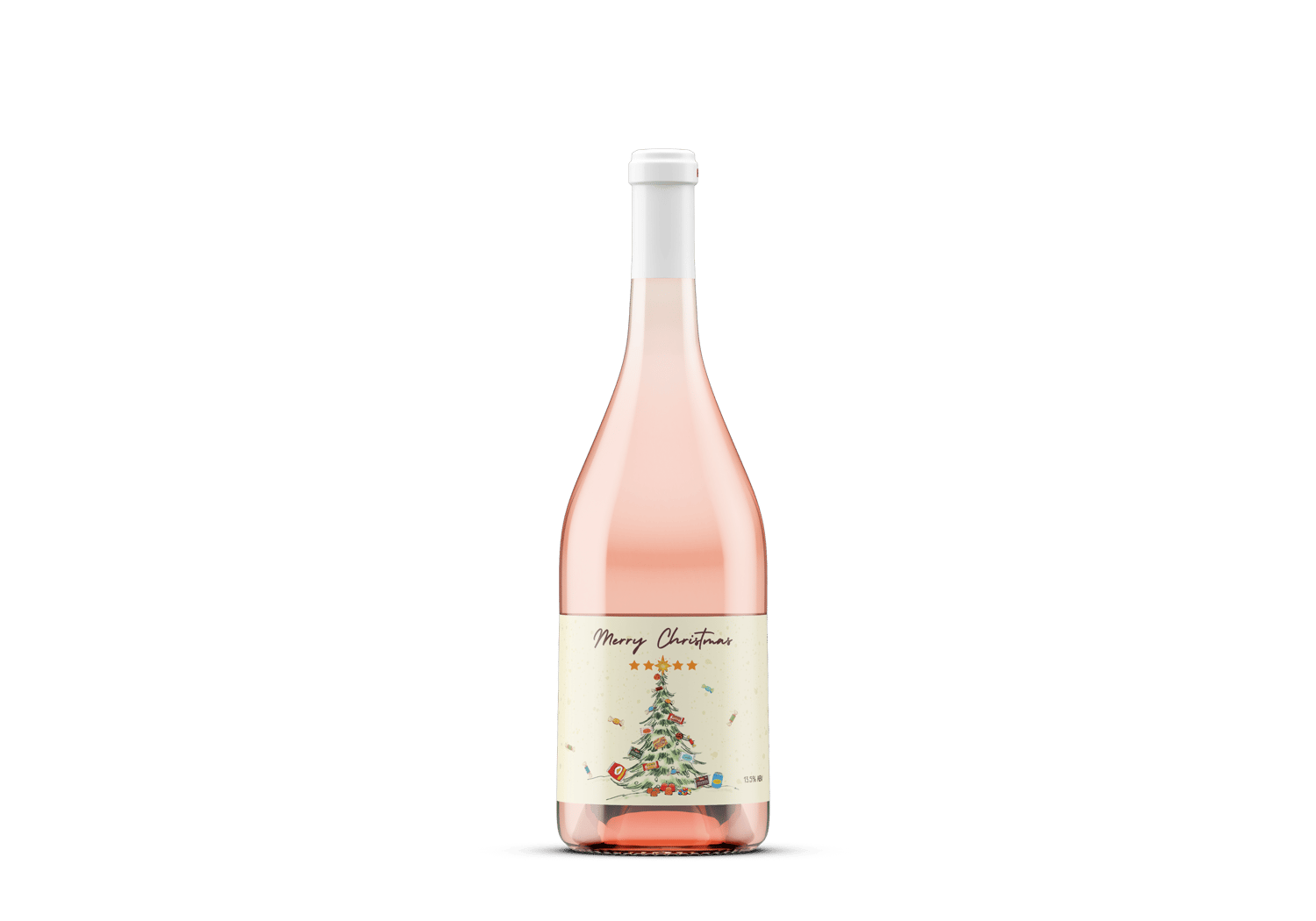 Customizable Nostalgic Christmas Tree with Sweets Sticker Label 6"x4" | Digital Canva Template. Mock sticker label on rose wine bottle
