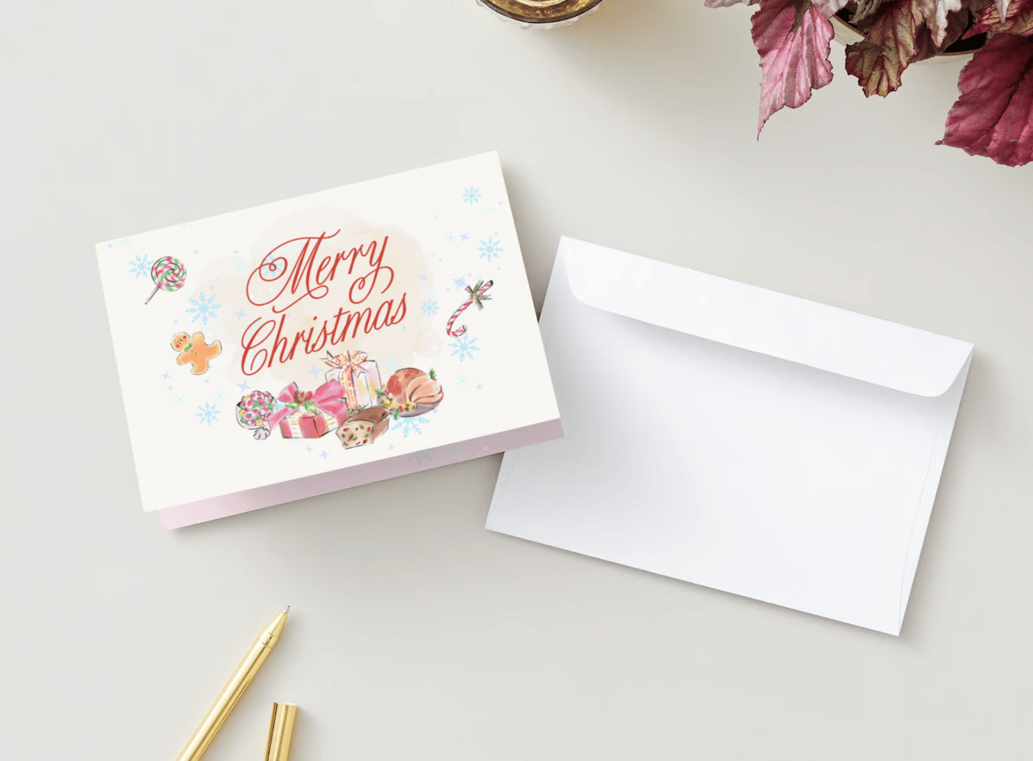Customizable Cheerful Watercolor Christmas Feast Folded Card Landscape | Digital Canva Template. Mock card with envelope
