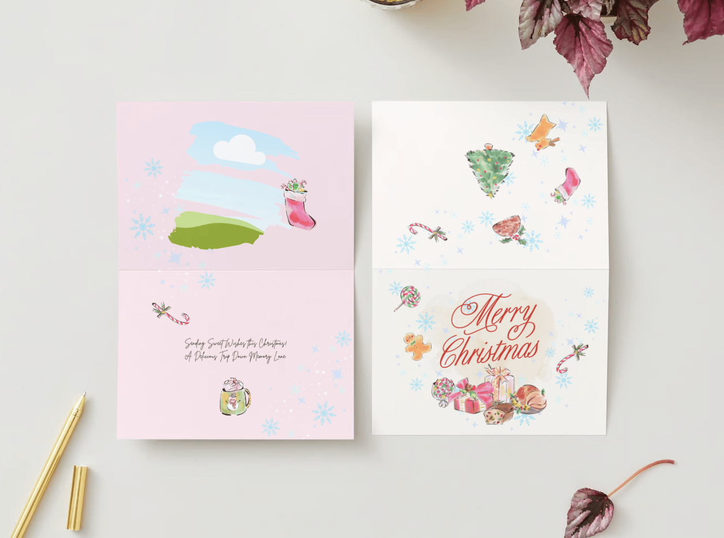 Customizable Cheerful Watercolor Christmas Feast Folded Card Landscape | Digital Canva Template. Mock card outside and inside views