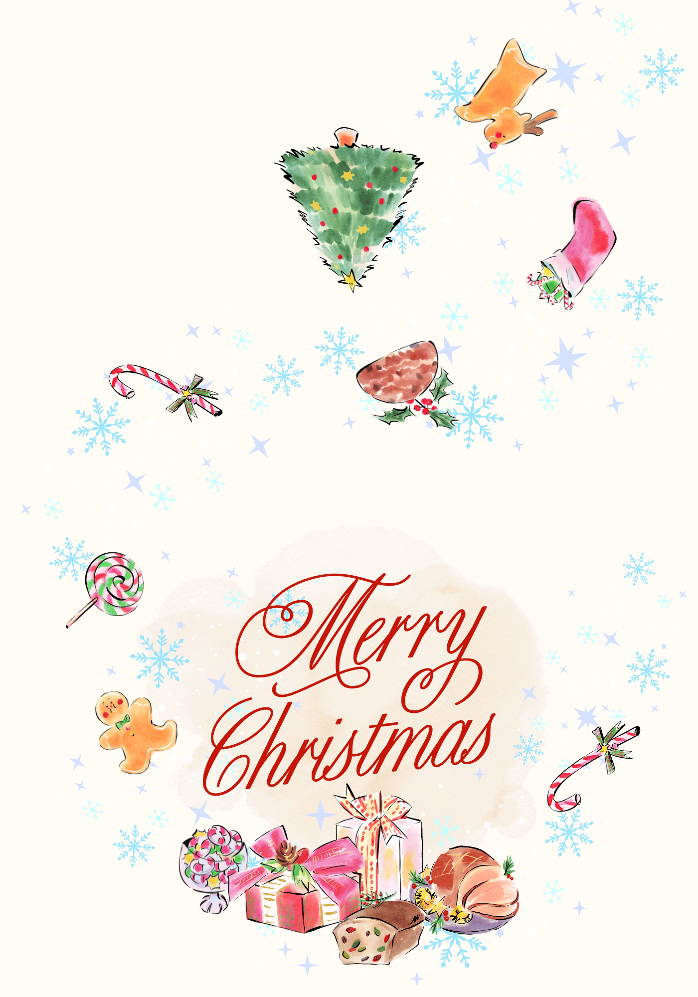 Customizable Cheerful Watercolor Christmas Feast Folded Card Landscape | Digital Canva Template. Outside design