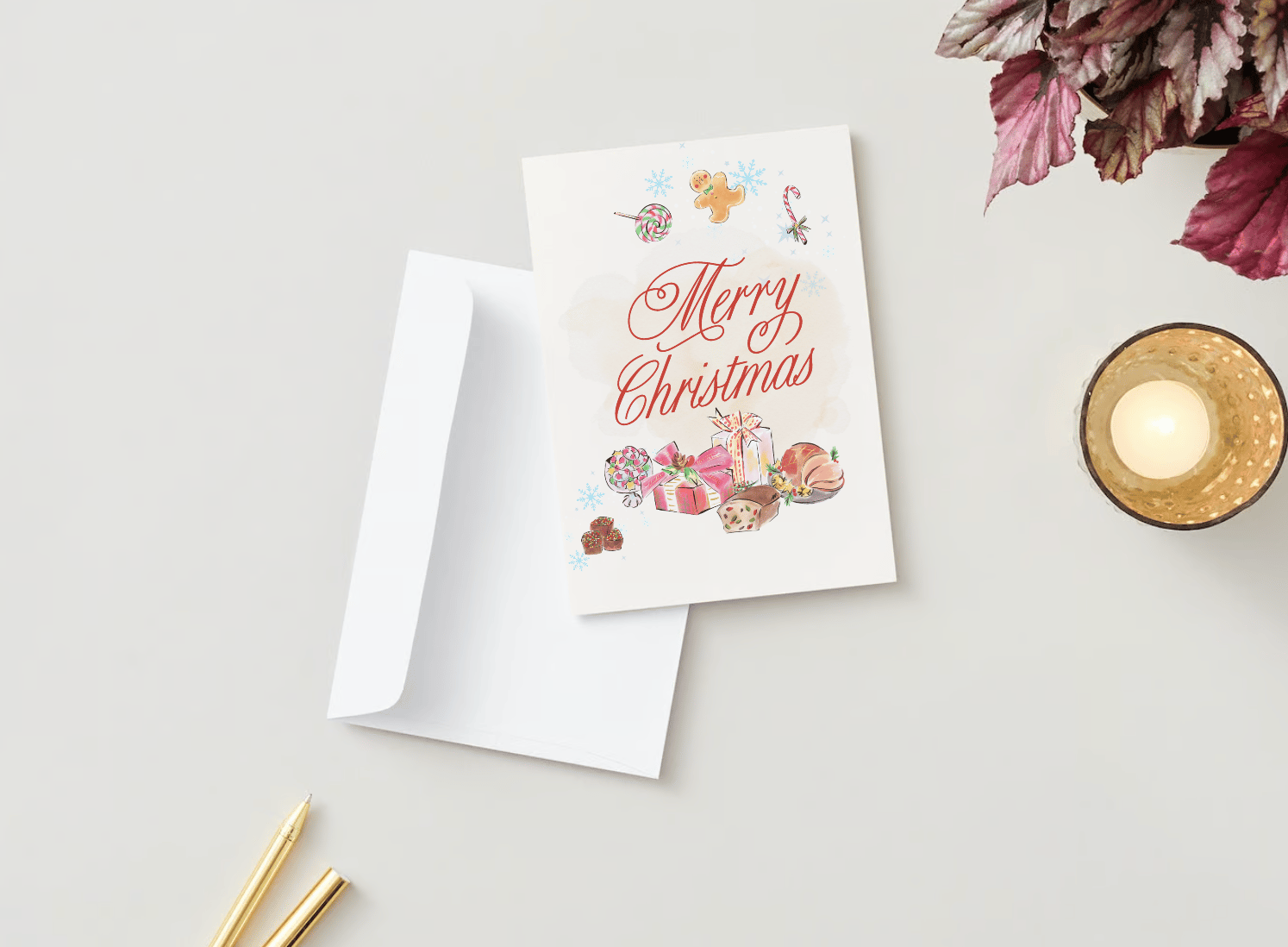 Customizable Cheerful Watercolor Christmas Feast Folded Card Portrait | Digital Canva Template. Mock card with envelope