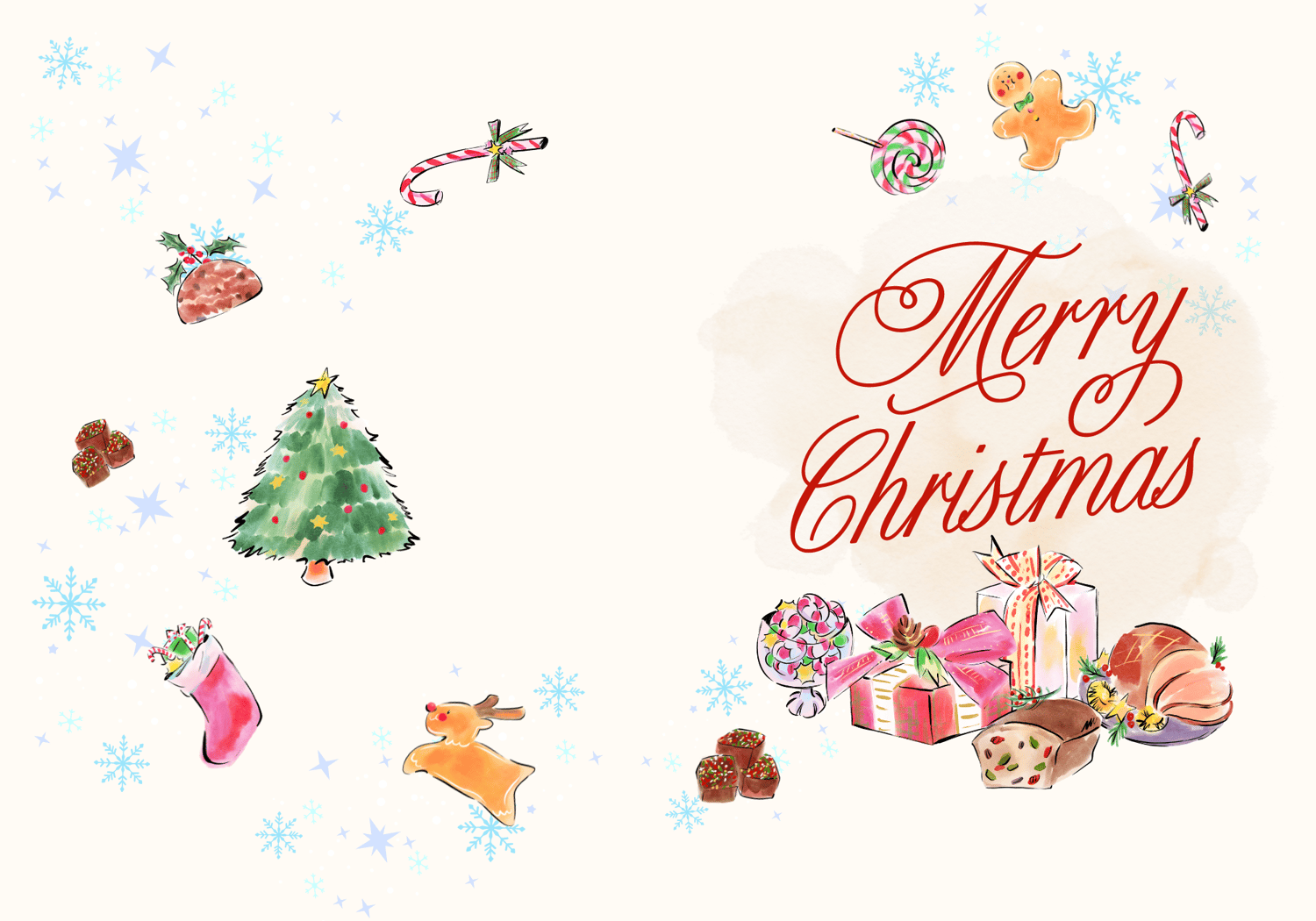 Customizable Cheerful Watercolor Christmas Feast Folded Card Portrait | Digital Canva Template. Outside design